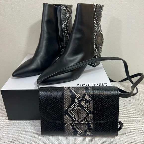 Nine West Black and Snake Print Boots with Bag - Picture 1 of 12